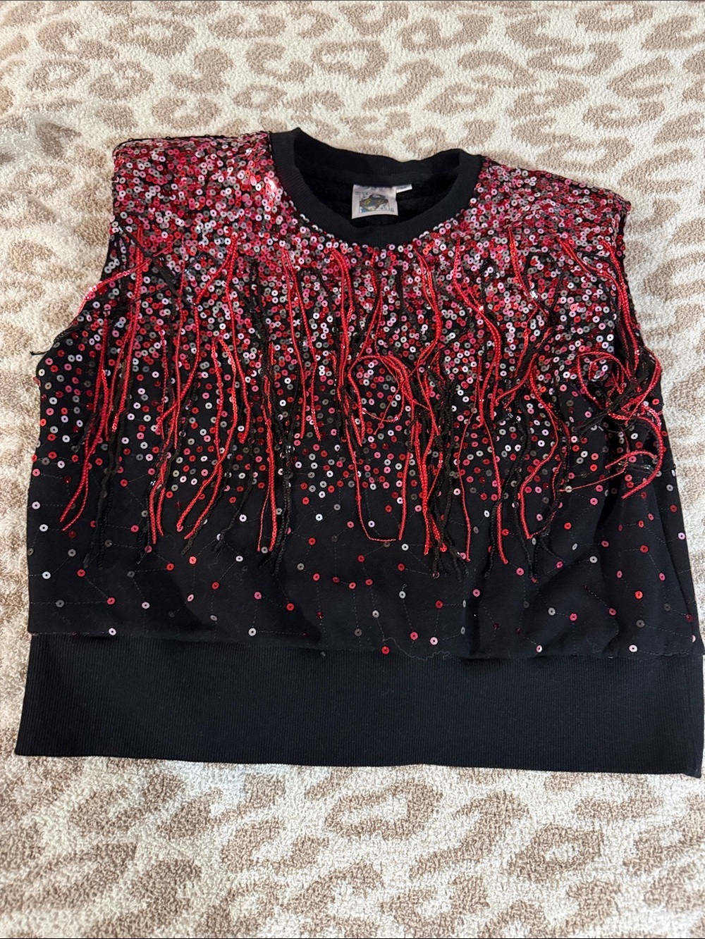 QUEEN OF SPARKLES Black Top with Red and Silver Sequin Trim